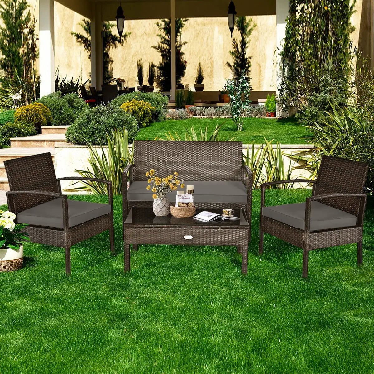 4 Pieces Patio Rattan Cushioned Furniture Set by DirectDeals
