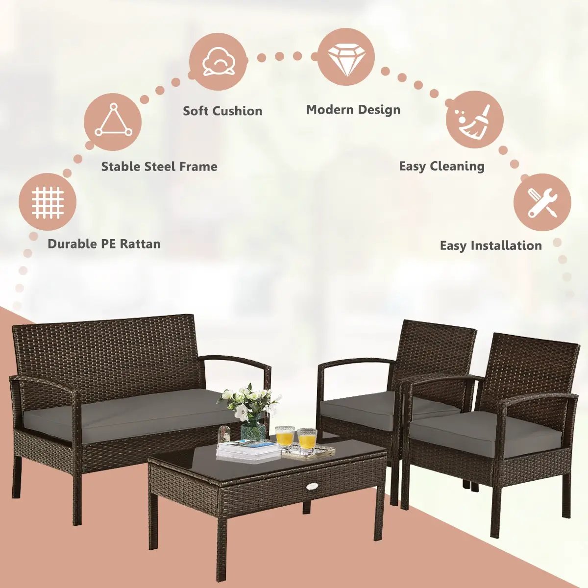 4 Pieces Patio Rattan Cushioned Furniture Set by DirectDeals