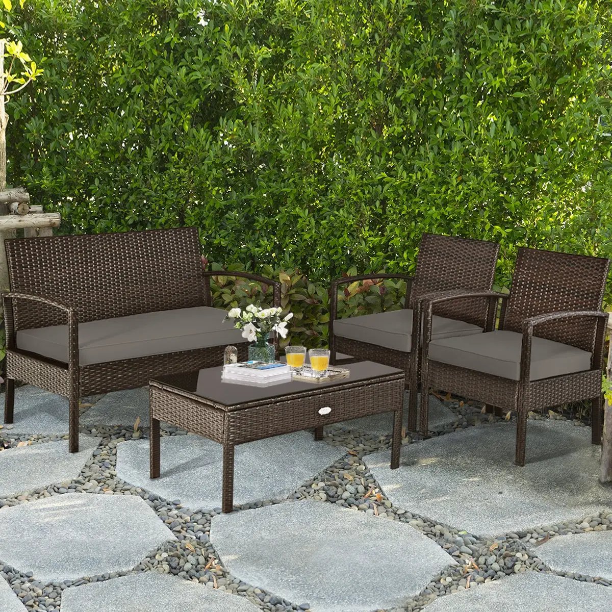 4 Pieces Patio Rattan Cushioned Furniture Set by DirectDeals