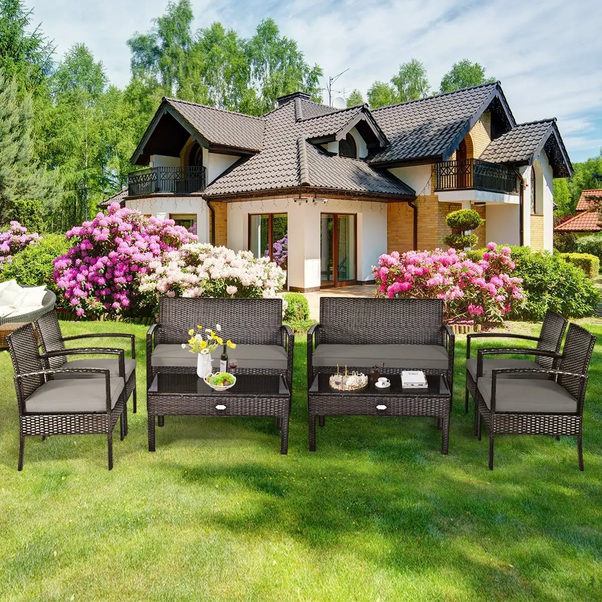 4 Pieces Patio Rattan Cushioned Furniture Set by DirectDeals