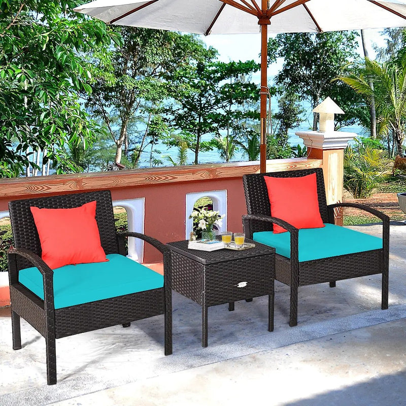 3 Piece PE Rattan Wicker Sofa Set with Washable and Removable Cushion for Patio-Turquoise by DirectDeals