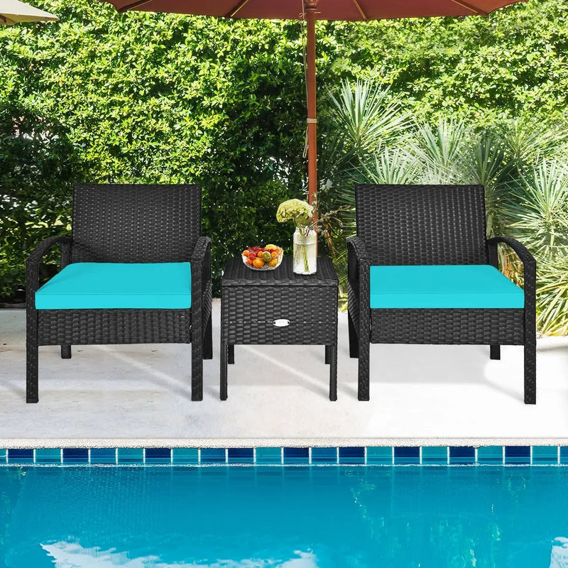 3 Piece PE Rattan Wicker Sofa Set with Washable and Removable Cushion for Patio-Turquoise by DirectDeals