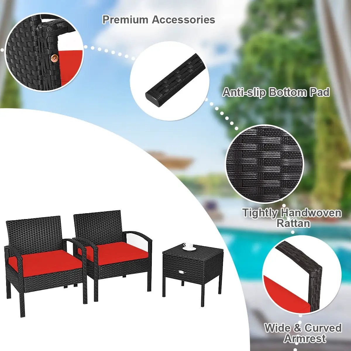 3 Piece PE Rattan Wicker Sofa Set with Washable and Removable Cushion for Patio by DirectDeals