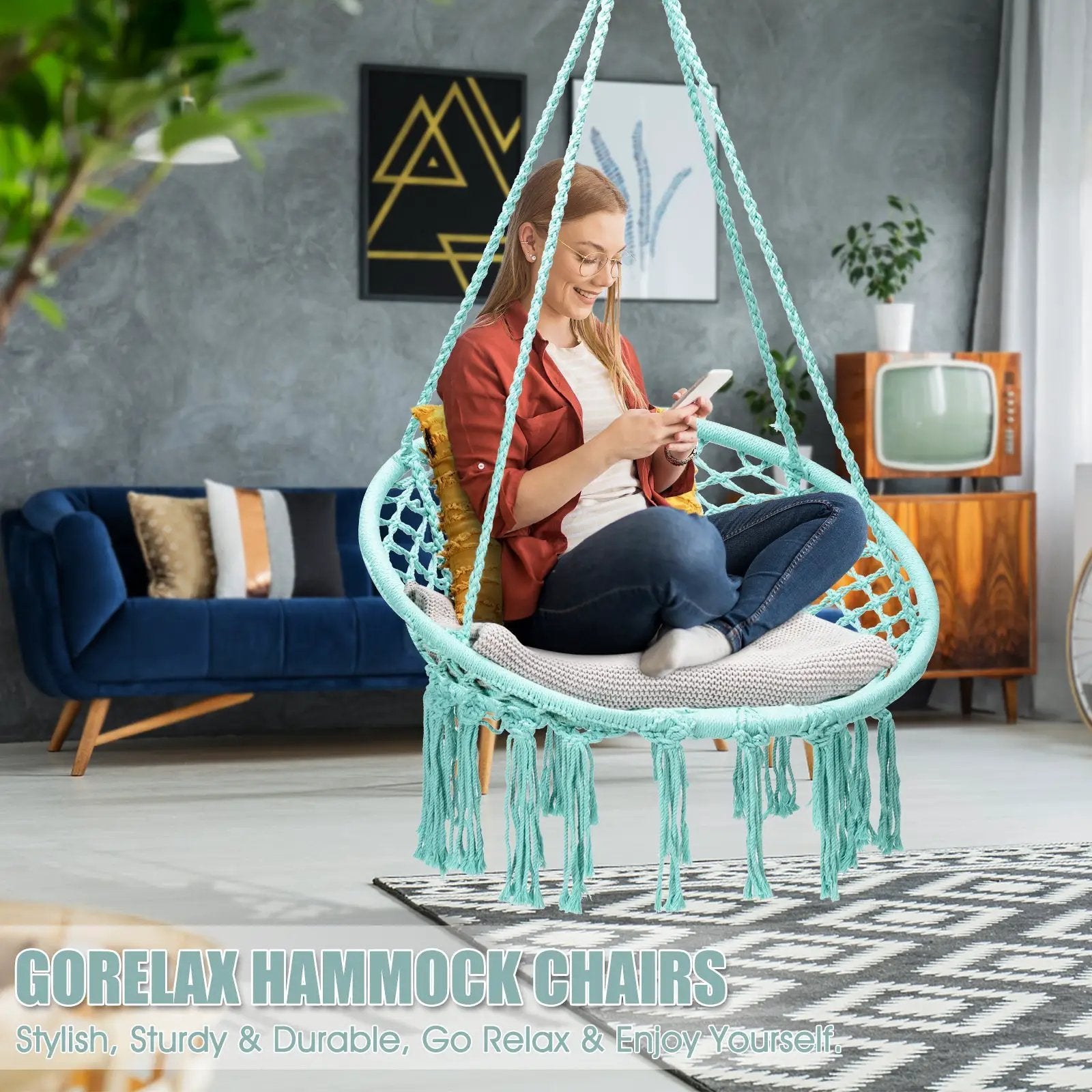 Hanging Macrame Hammock Chair with Handwoven Cotton Backrest by DirectDeals