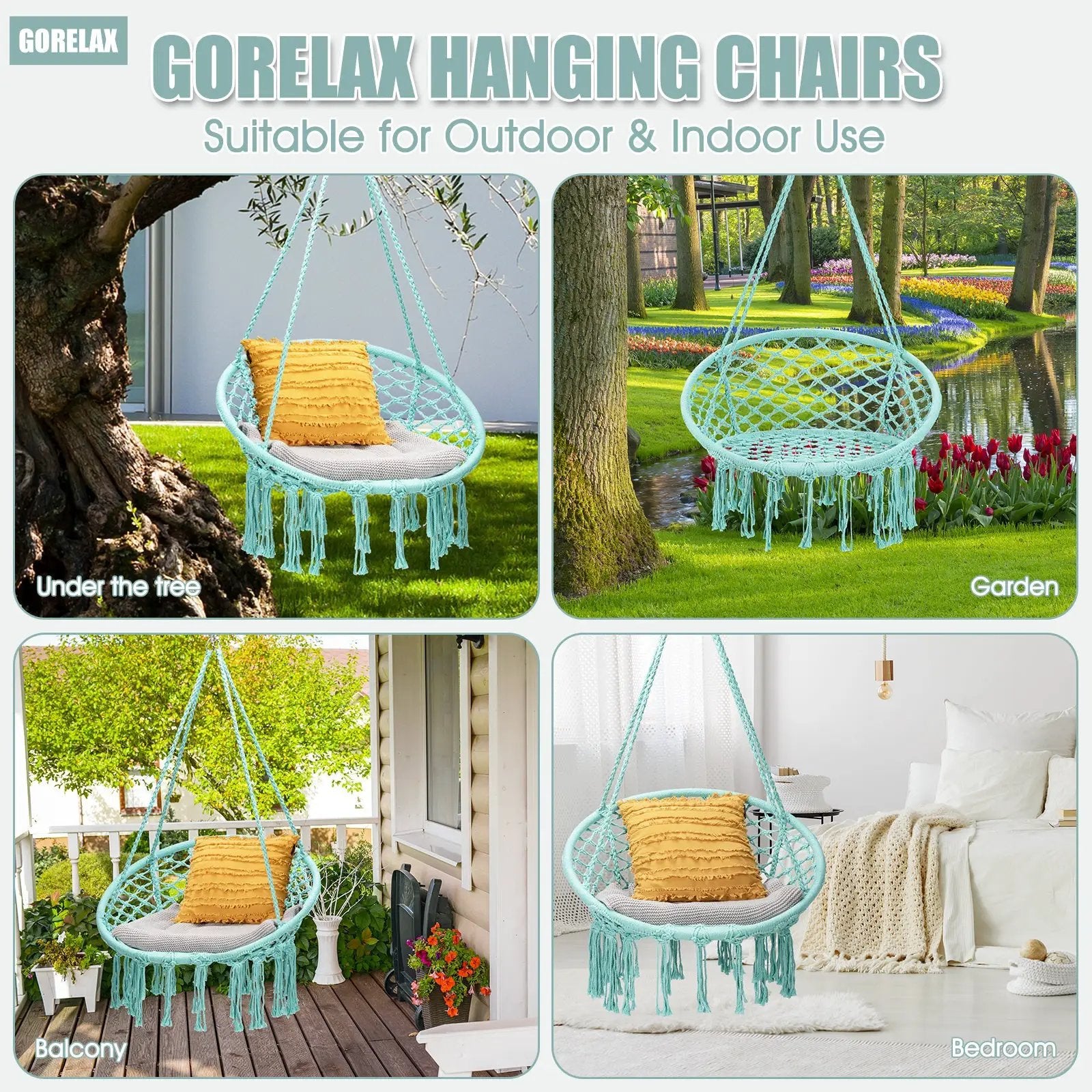 Hanging Macrame Hammock Chair with Handwoven Cotton Backrest by DirectDeals