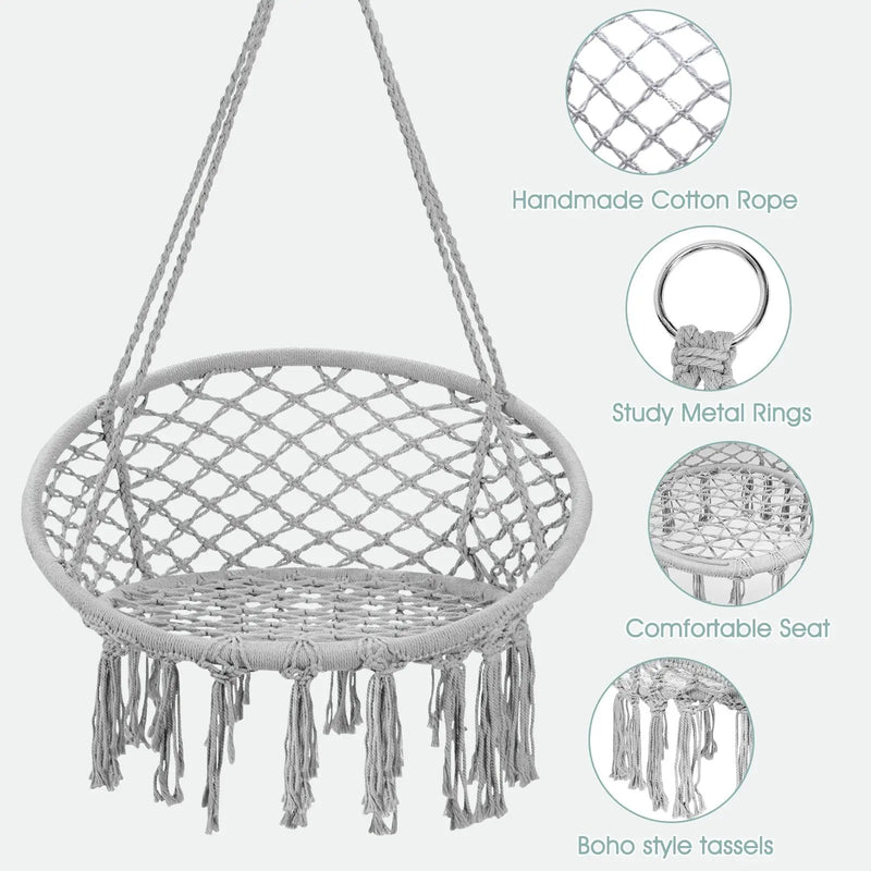Hanging Macrame Hammock Chair with Handwoven Cotton Backrest by DirectDeals