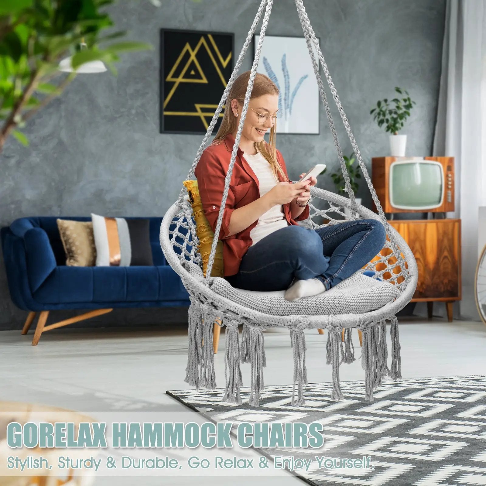 Hanging Macrame Hammock Chair with Handwoven Cotton Backrest by DirectDeals