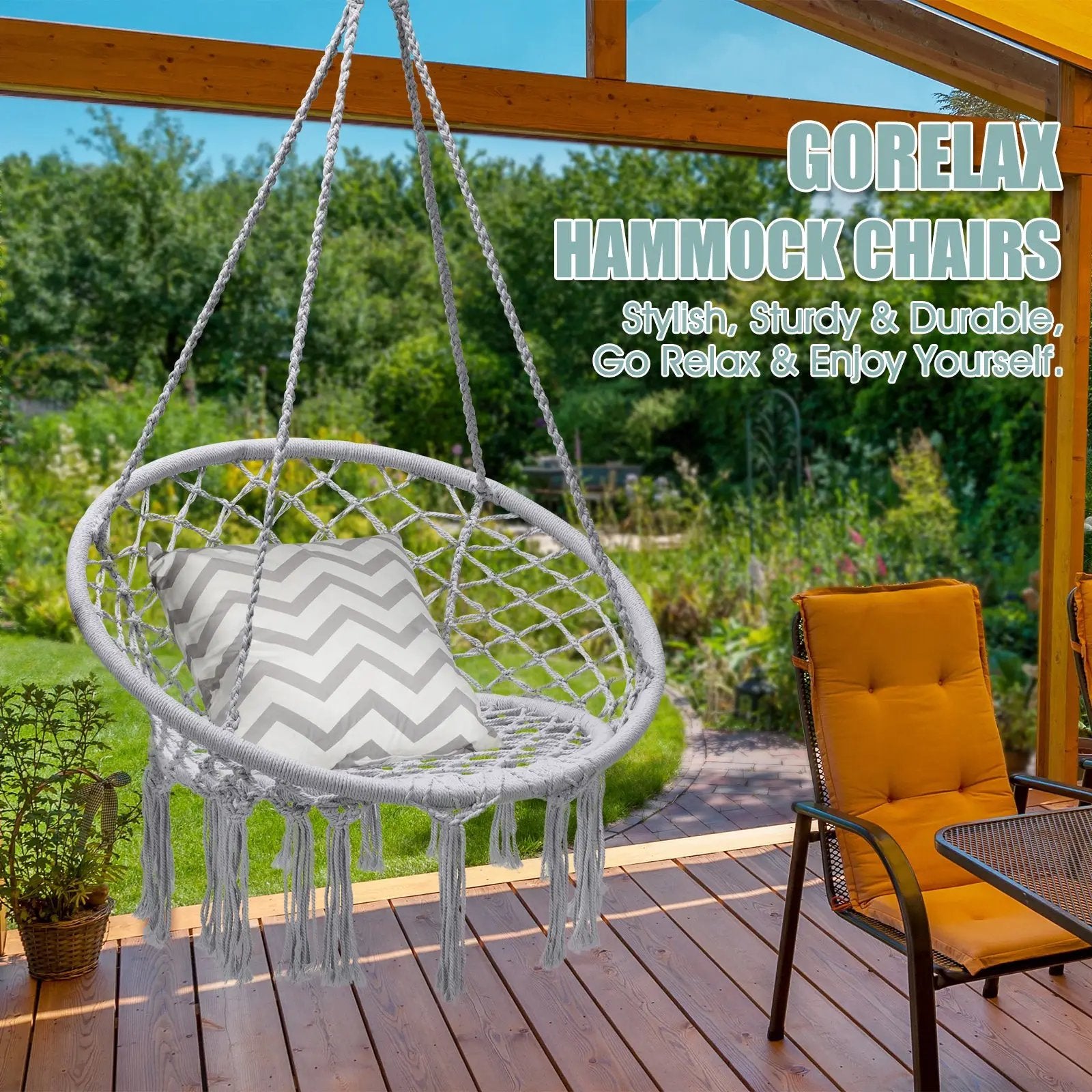 Hanging Macrame Hammock Chair with Handwoven Cotton Backrest by DirectDeals