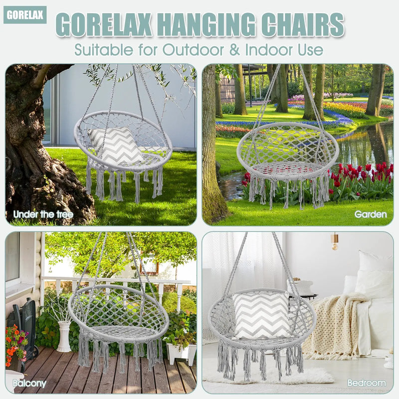 Hanging Macrame Hammock Chair with Handwoven Cotton Backrest by DirectDeals