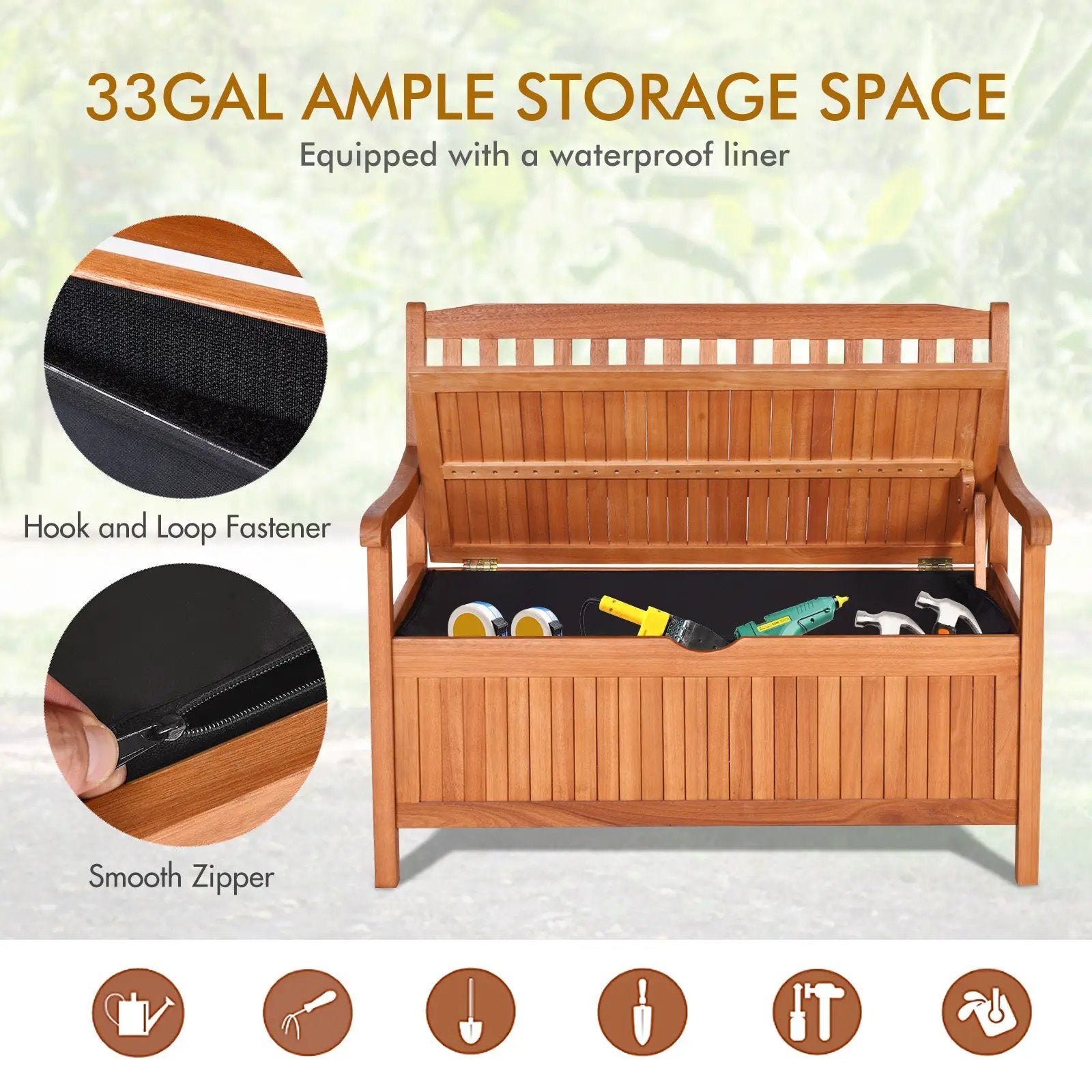33 Gallon Wooden Storage Bench with Liner for Patio Garden Porch by DirectDeals