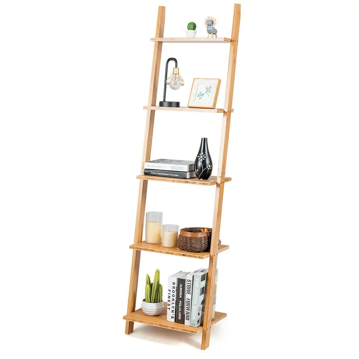 5-Tier Modern Bamboo Wall-Leaning Display Ladder Bookshelf by DirectDeals