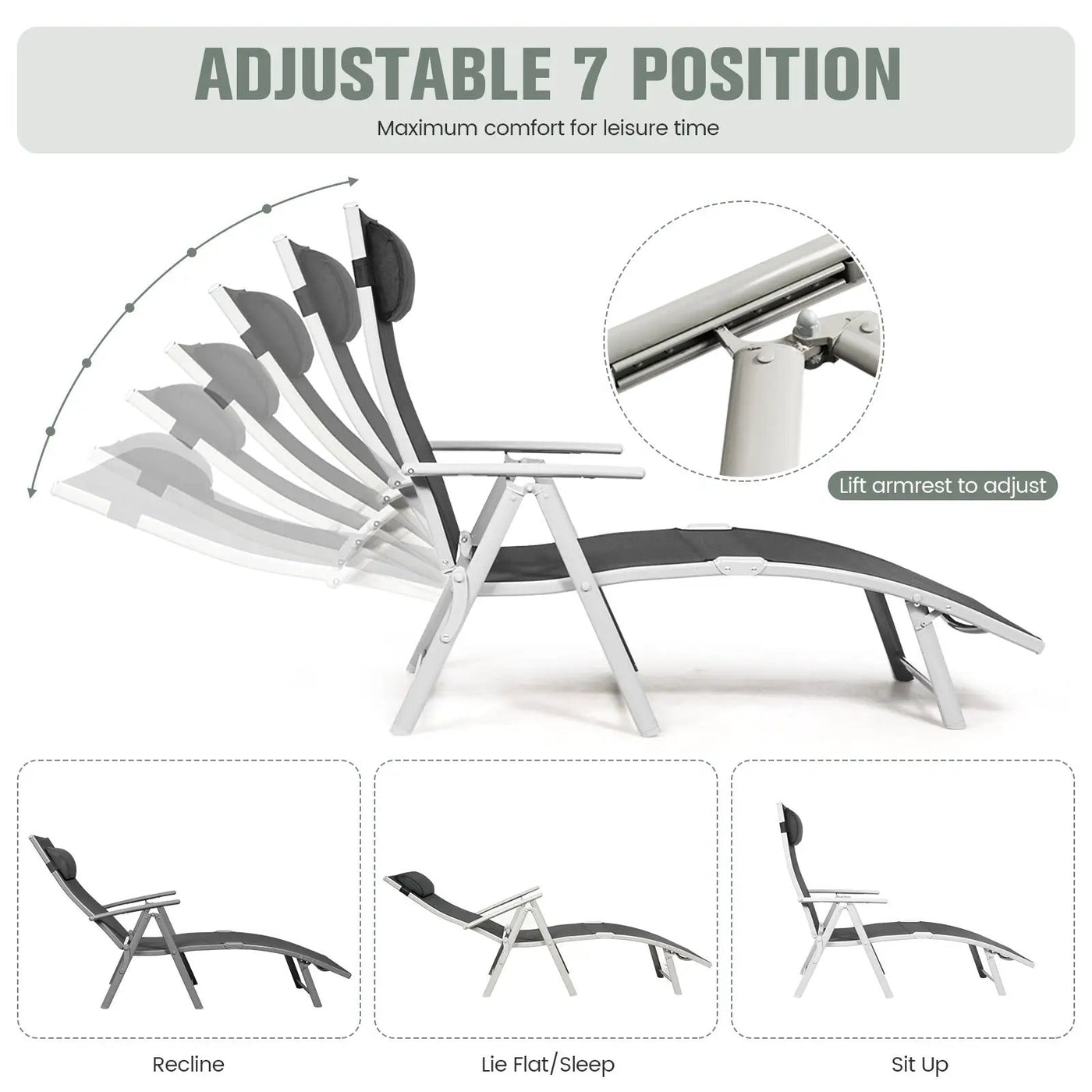 Adjustable Outdoor Lightweight Folding Chaise Lounge Chair with Pillow by DirectDeals