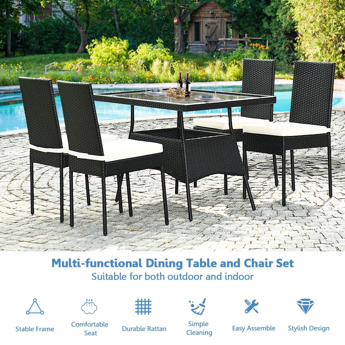 5-Piece Rattan Patio Dining Set with Glass Top & Cushions by DirectDeals