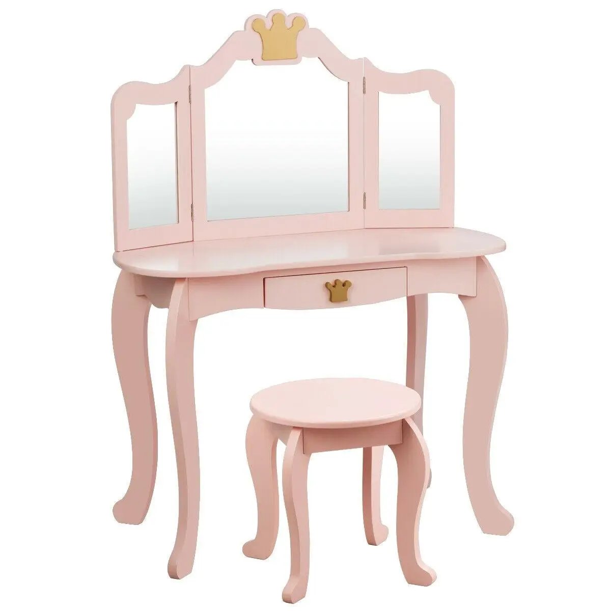 Kids Makeup Dressing Table with Tri-folding Mirror and Stool by DirectDeals