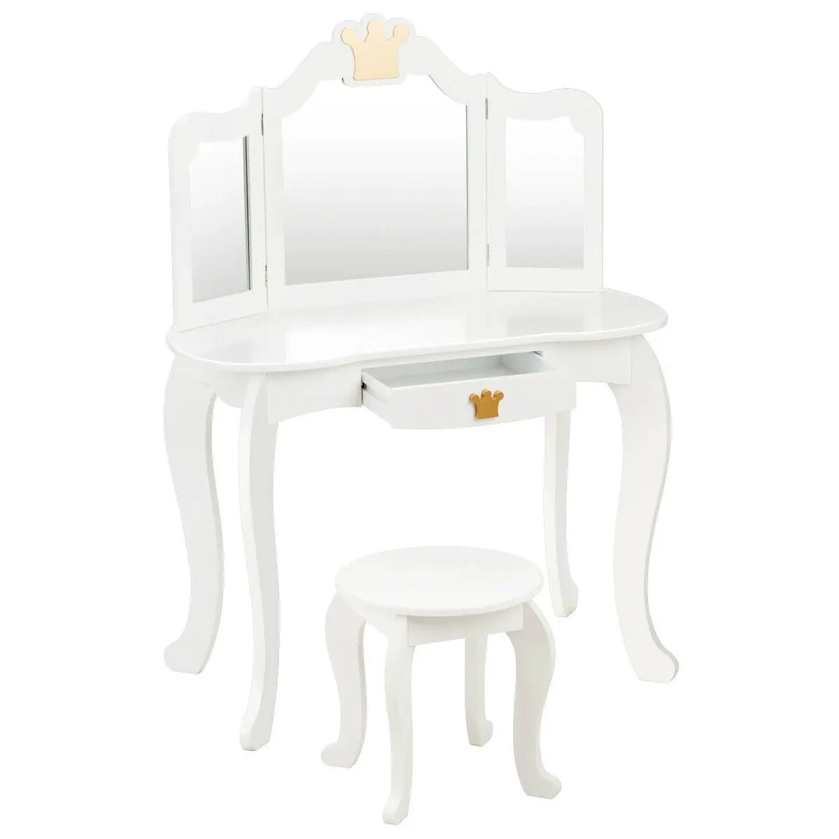 Kids Makeup Dressing Table with Tri-folding Mirror and Stool by DirectDeals