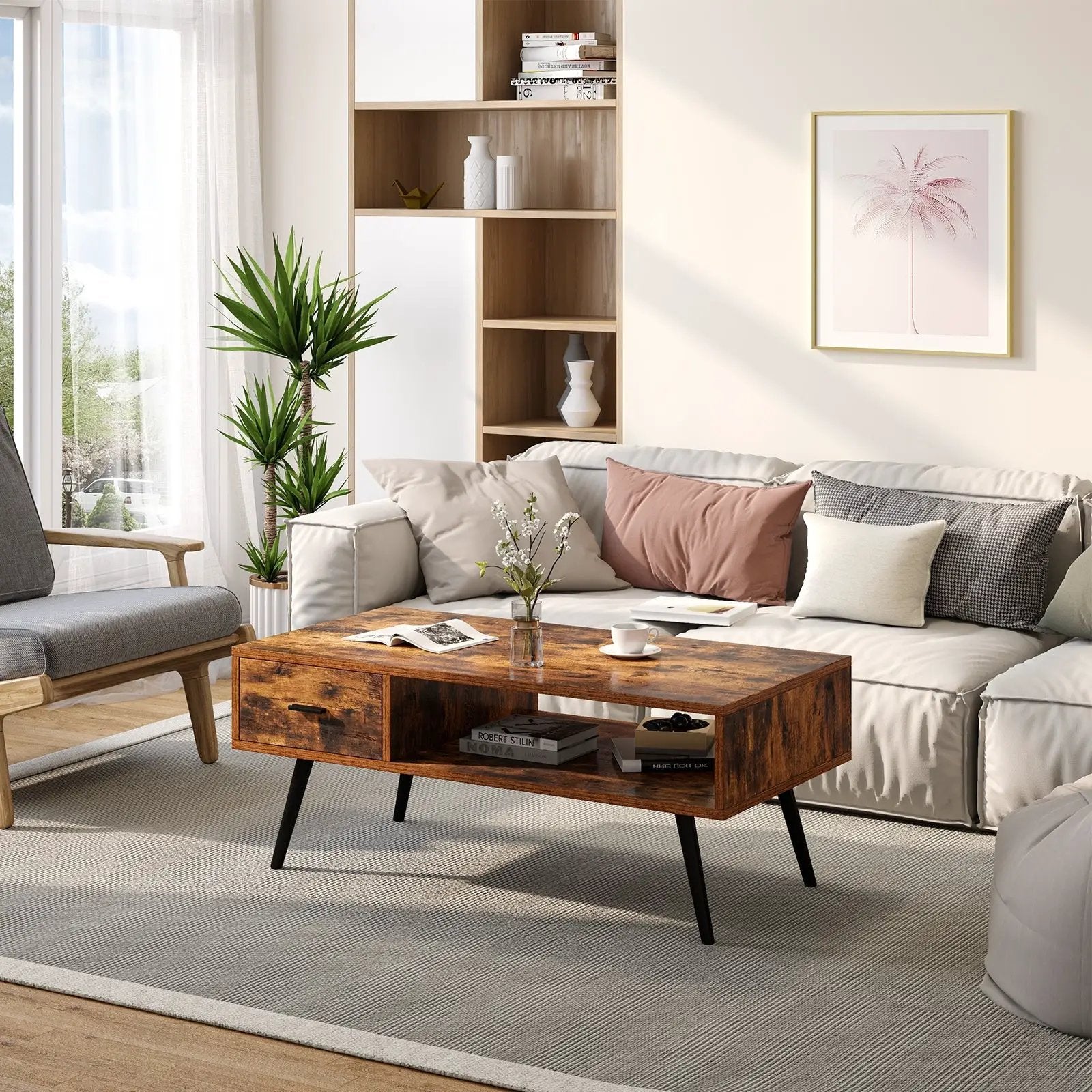 Retro Rectangular Coffee Table with Drawer and Storage Shelf-Rustic Brown by DirectDeals