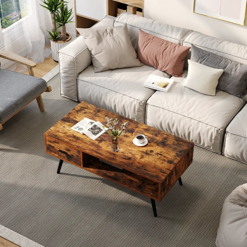 Retro Rectangular Coffee Table with Drawer and Storage Shelf-Rustic Brown by DirectDeals