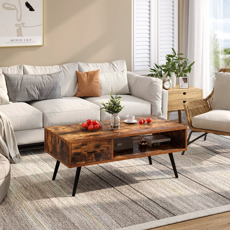 Retro Rectangular Coffee Table with Drawer and Storage Shelf-Rustic Brown by DirectDeals