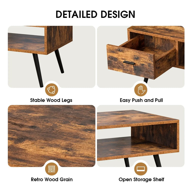 Retro Rectangular Coffee Table with Drawer and Storage Shelf-Rustic Brown by DirectDeals