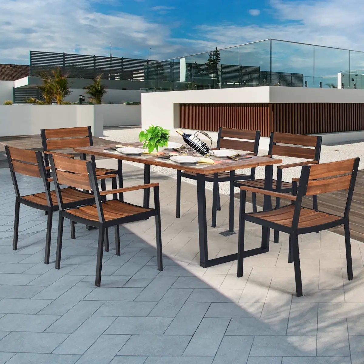 Patented 7 Pieces Patented Outdoor Patio Dining Table Set with Hole by DirectDeals