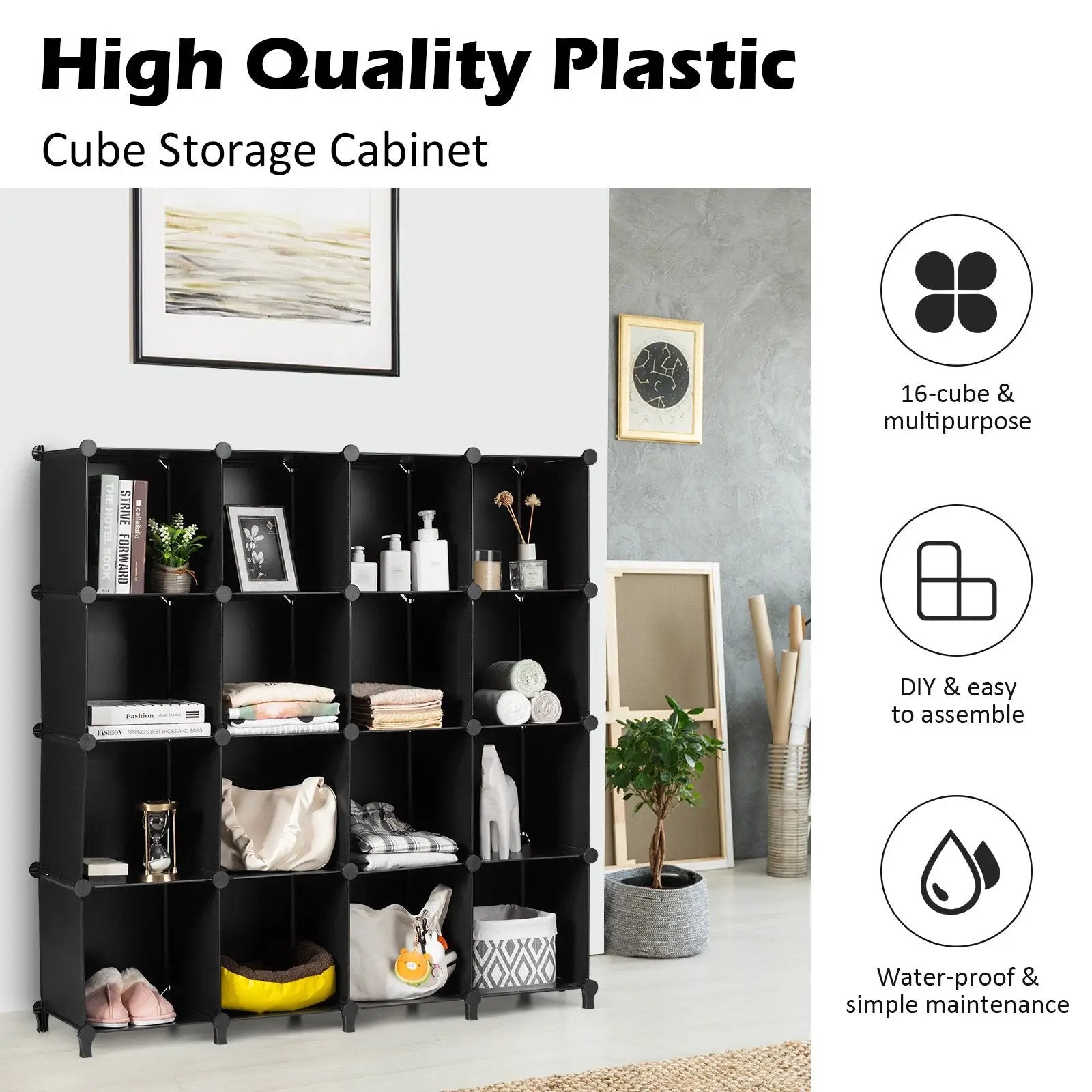 16 Cubes Plastic Storage Organizer with Rustproof Steel Frame-Black by DirectDeals