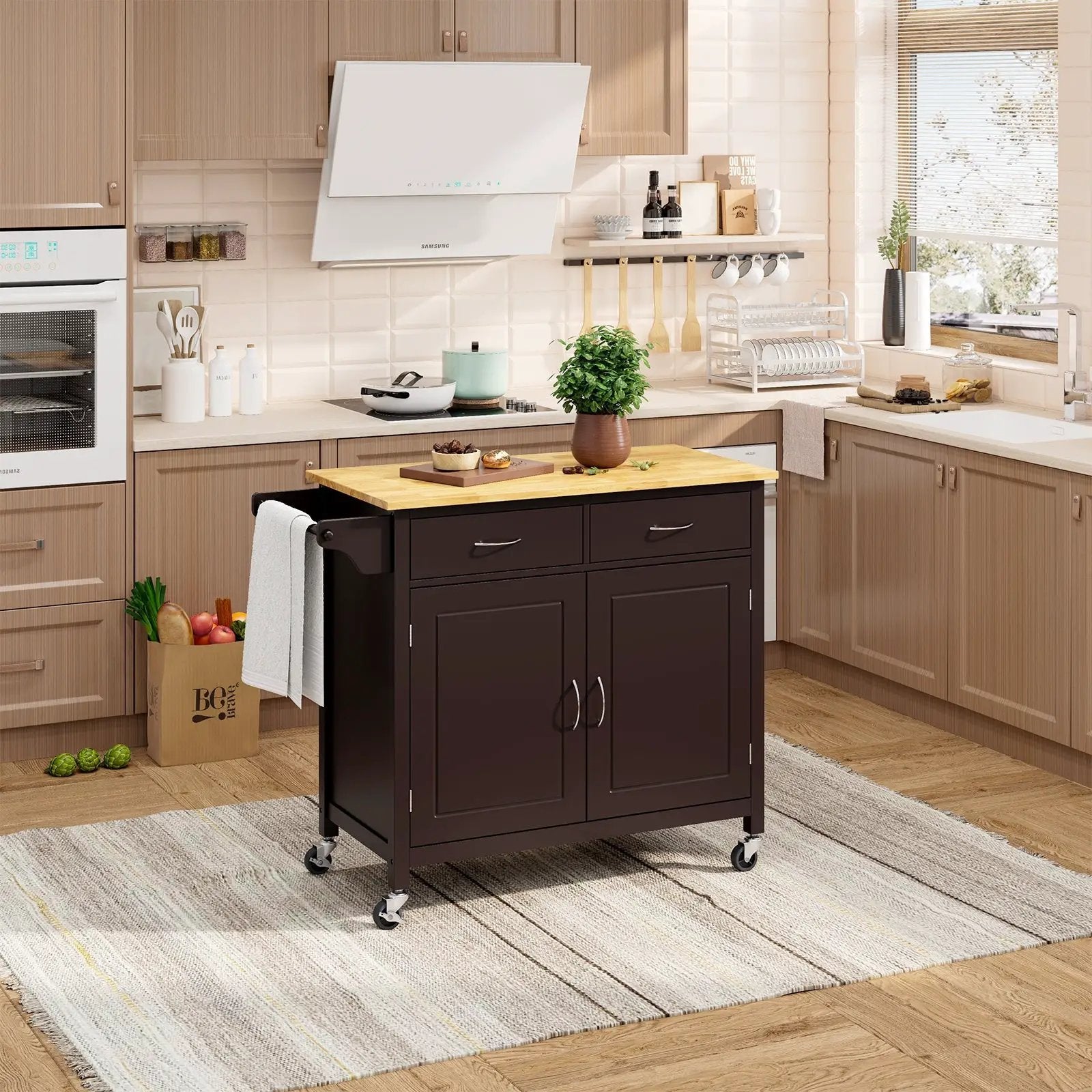 Modern Rolling Kitchen Cart Island with Wooden Top by DirectDeals