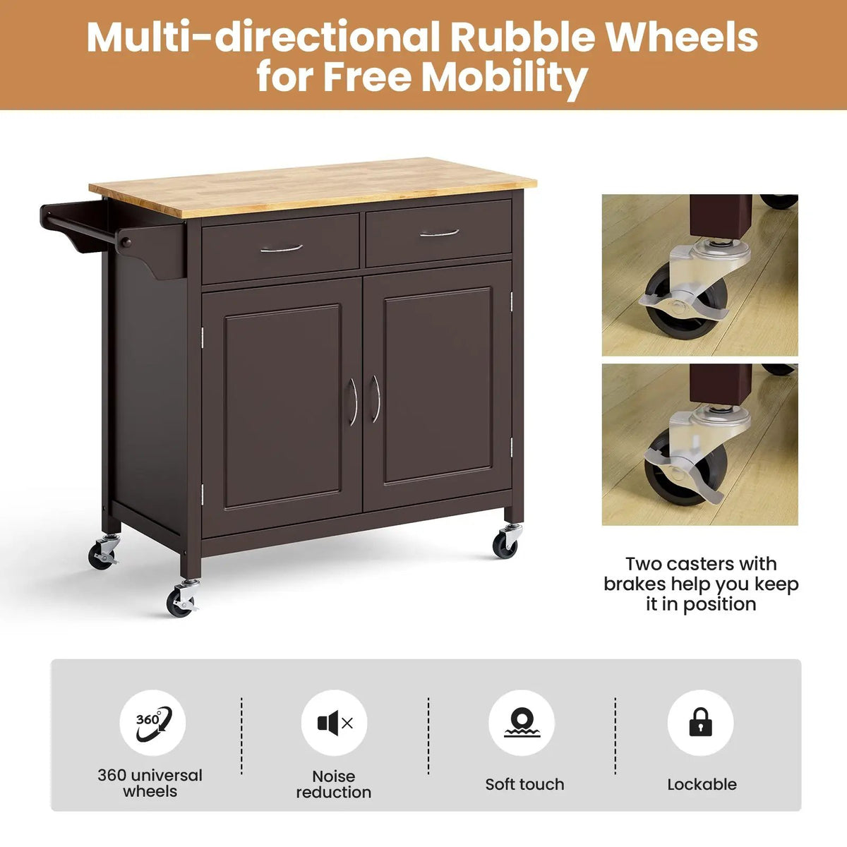 Modern Rolling Kitchen Cart Island with Wooden Top by DirectDeals