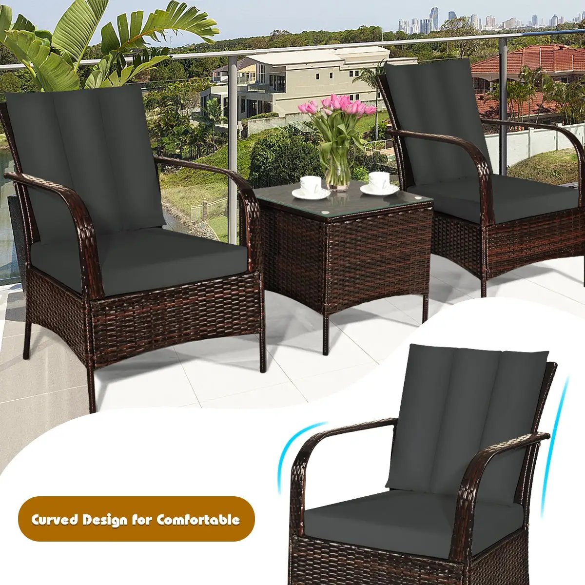 3 Pcs Patio Conversation Rattan Furniture Set with Glass Top Coffee Table and Cushions by DirectDeals