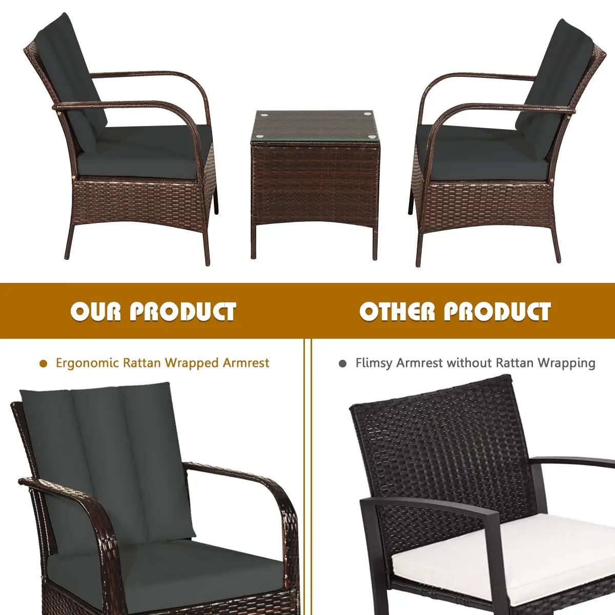 3 Pcs Patio Conversation Rattan Furniture Set with Glass Top Coffee Table and Cushions by DirectDeals
