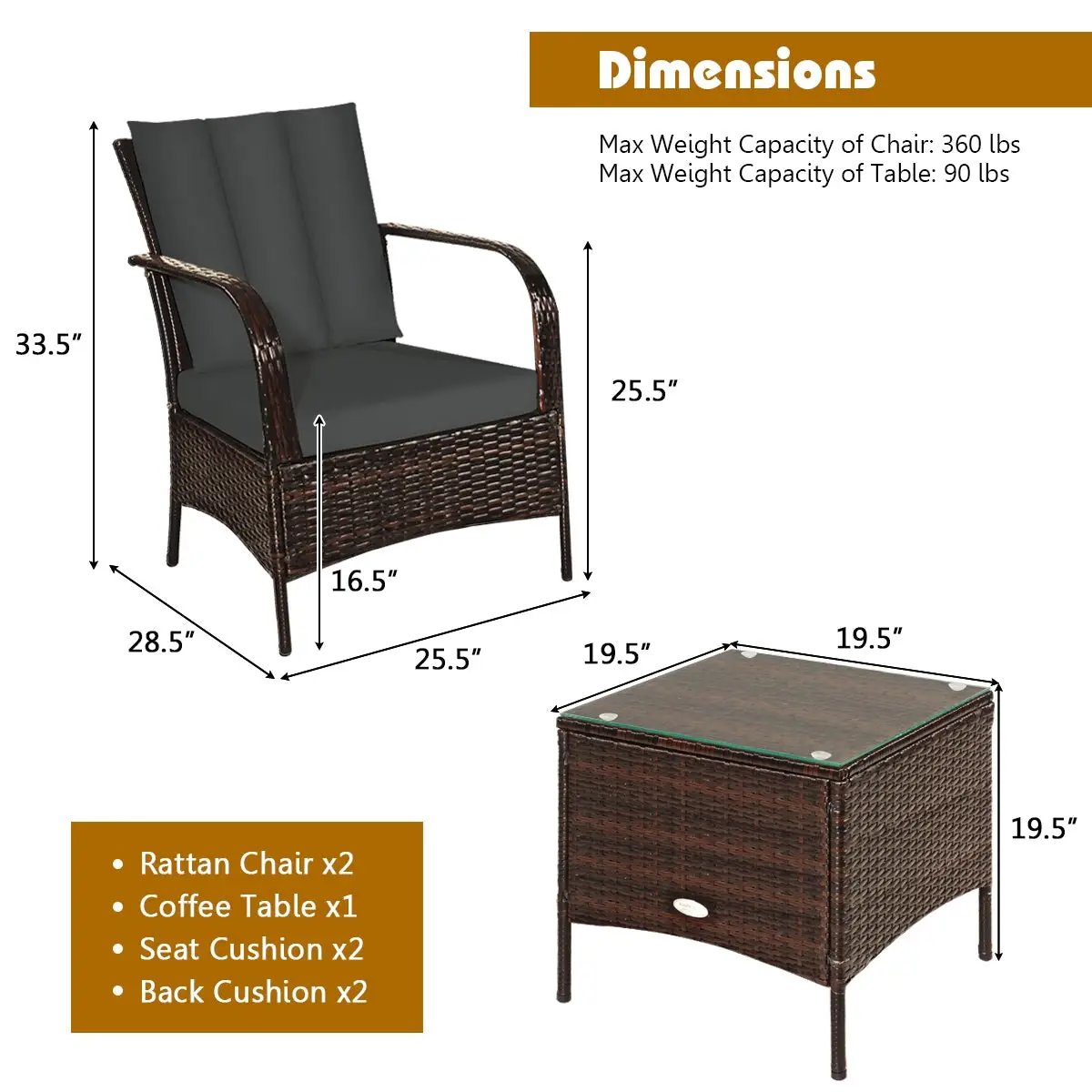 3 Pcs Patio Conversation Rattan Furniture Set with Glass Top Coffee Table and Cushions by DirectDeals
