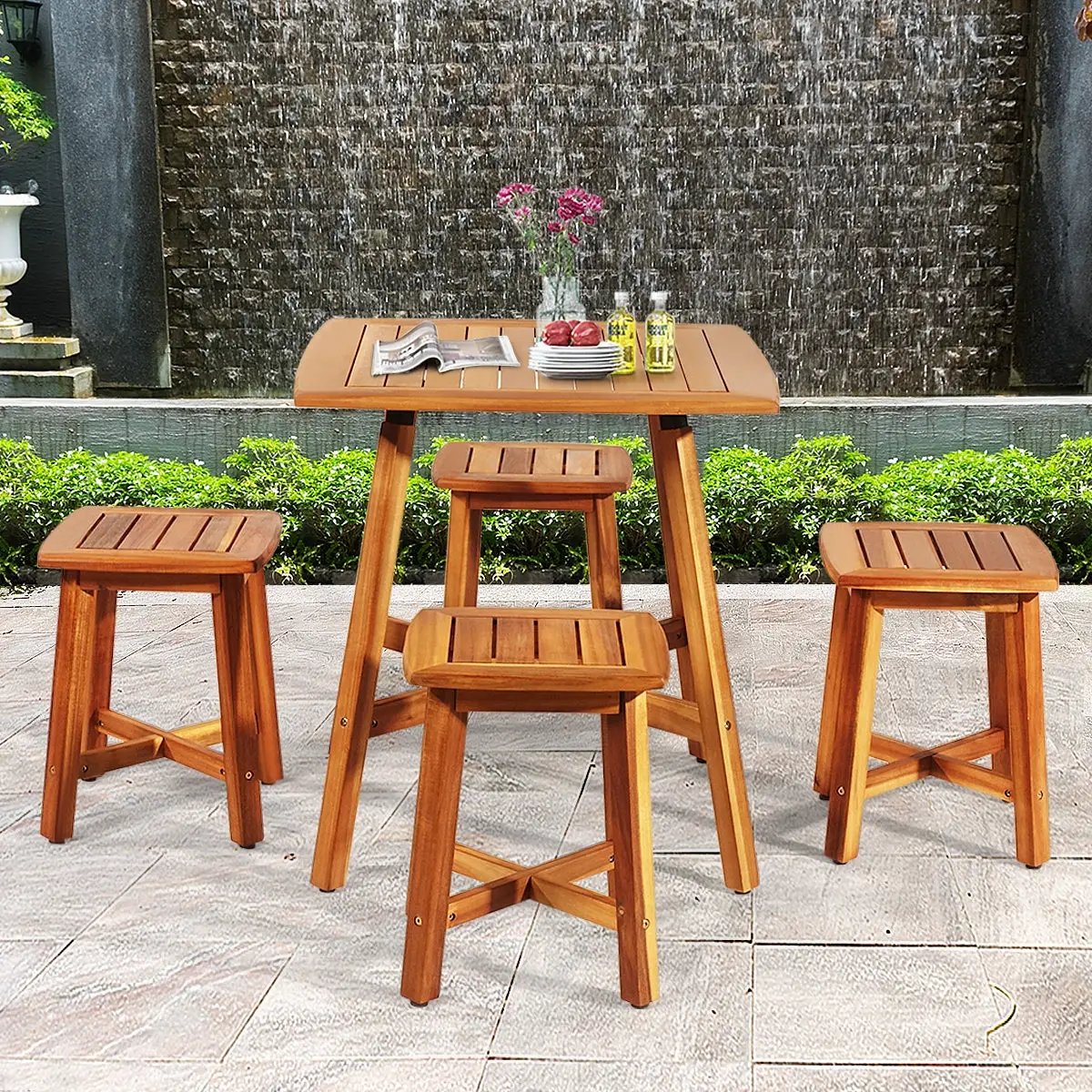 5 Pieces Wood Patio Dining Set with Square Table and 4 Stools by DirectDeals