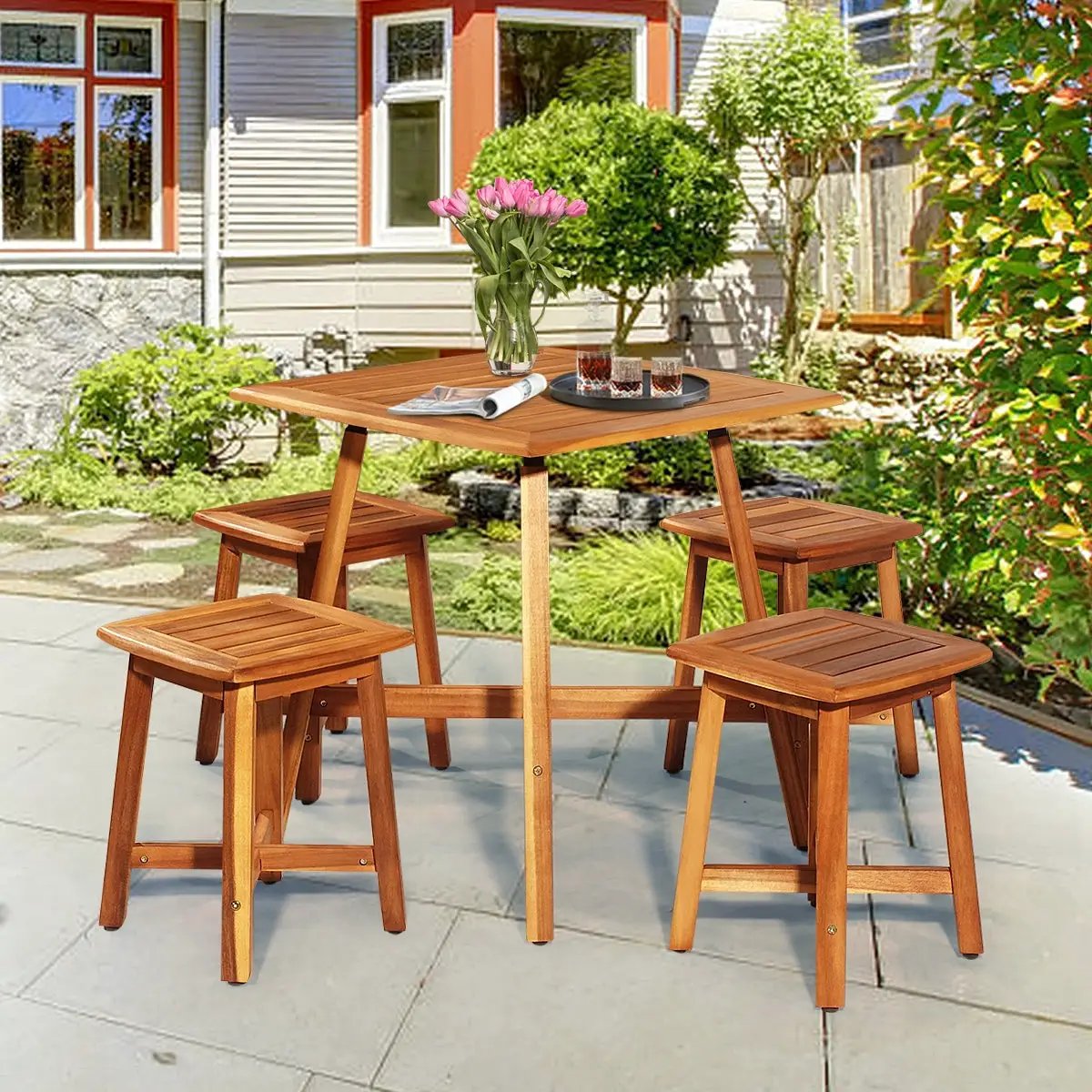 5 Pieces Wood Patio Dining Set with Square Table and 4 Stools by DirectDeals
