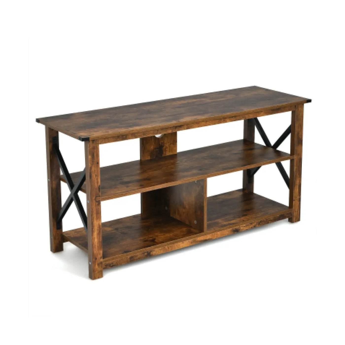 3 Tier Wood TV Stand for 55-Inch with Open Shelves and X-Shaped Frame by DirectDeals