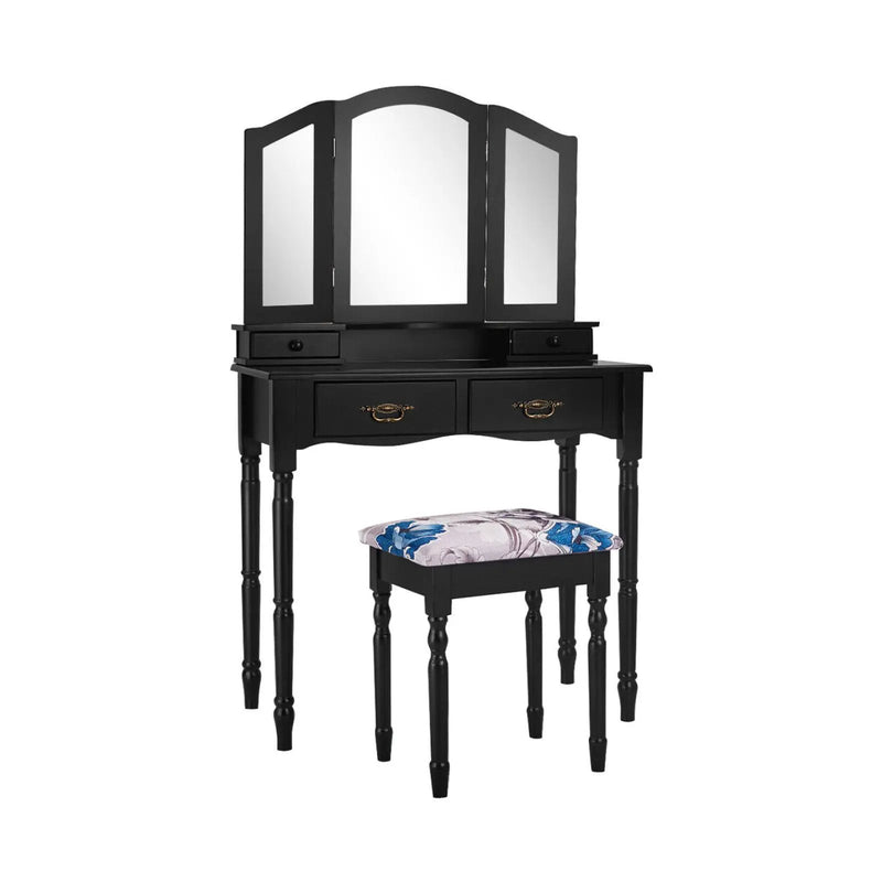 Simple Vanity Set with Tri-Folding Mirror Drawers and Storage Shelf by DirectDeals