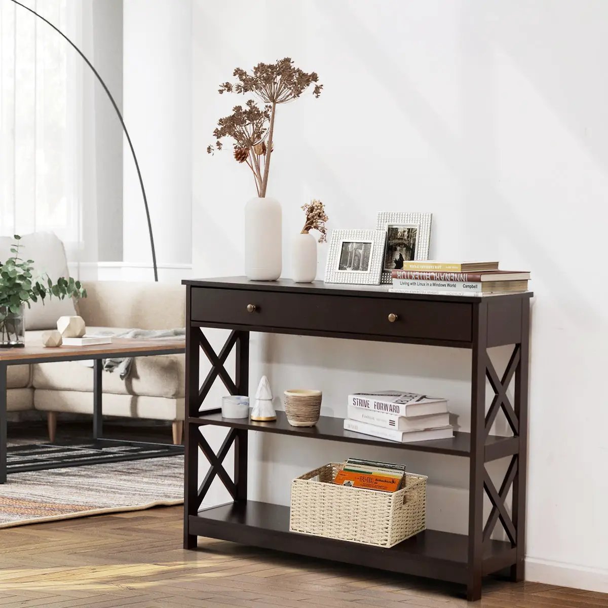 Console Table 3-Tier with Drawer and Storage Shelves by DirectDeals