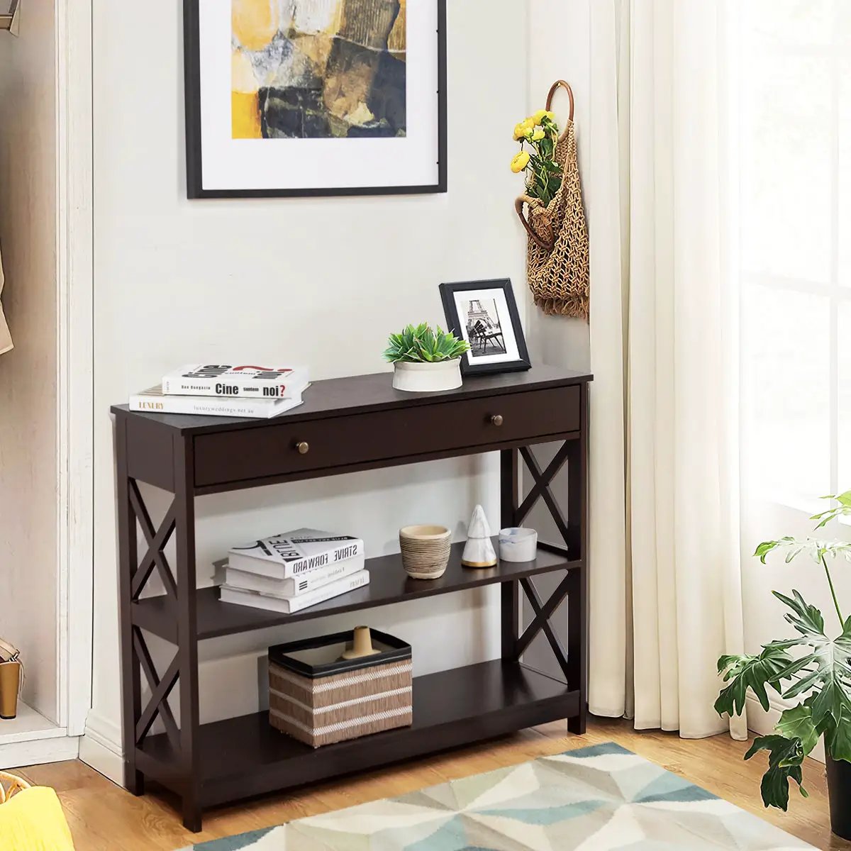 Console Table 3-Tier with Drawer and Storage Shelves by DirectDeals