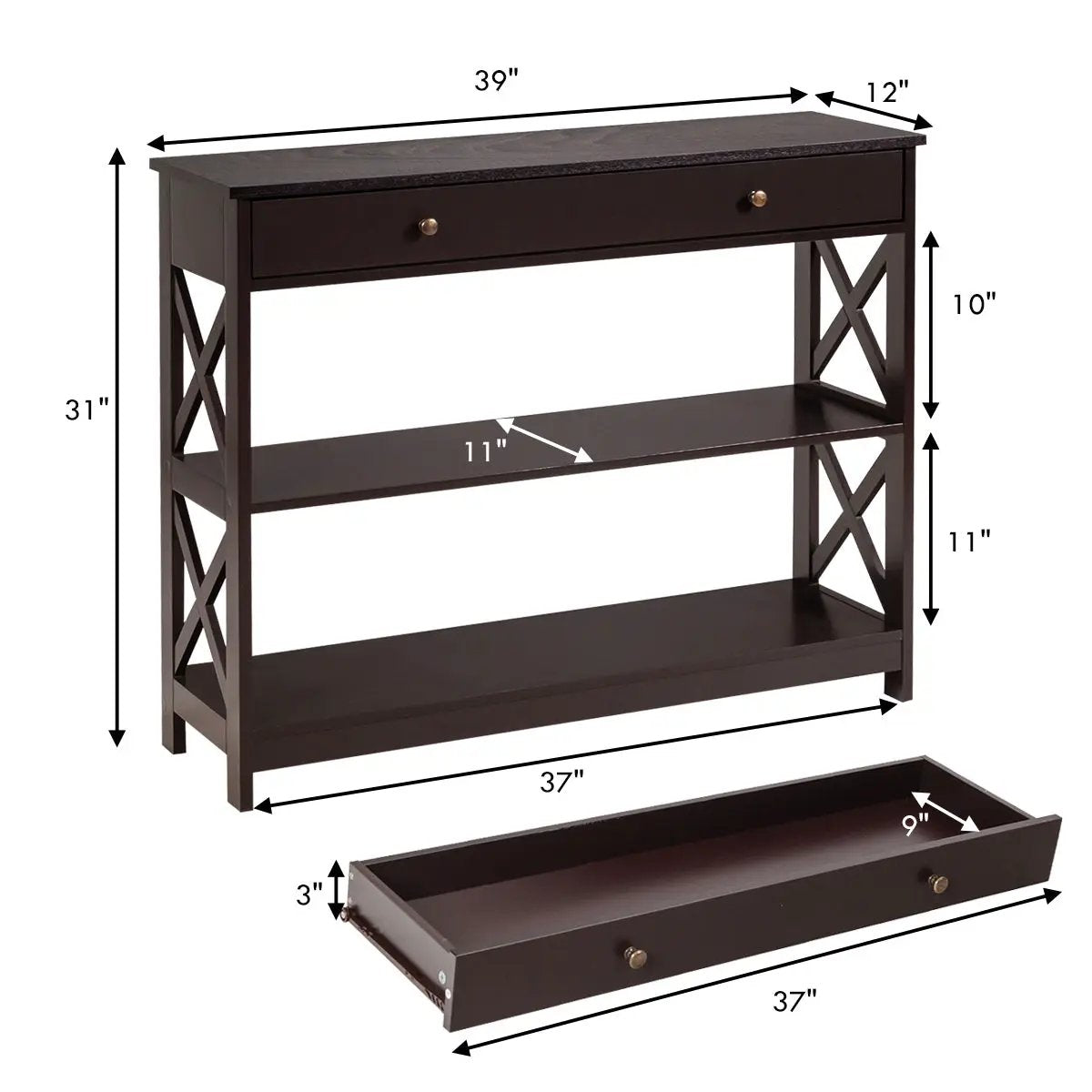 Console Table 3-Tier with Drawer and Storage Shelves by DirectDeals