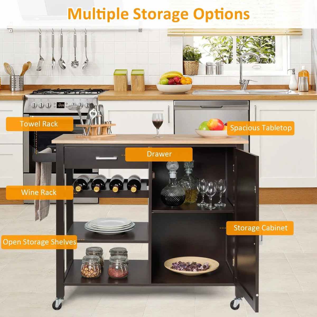 Kitchen Island Cart Rolling Serving Cart Wood Trolley by DirectDeals