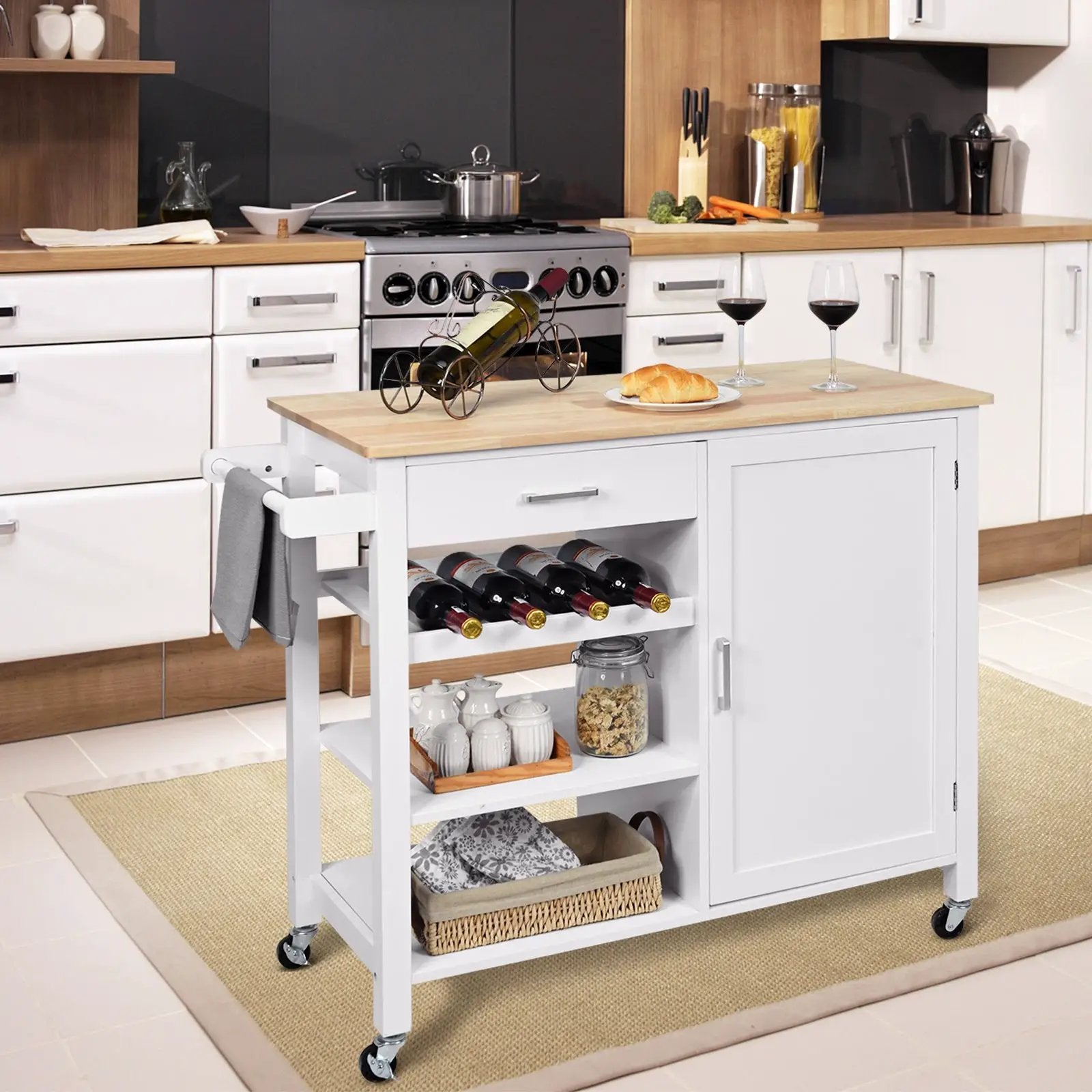 Kitchen Island Cart Rolling Serving Cart Wood Trolley by DirectDeals