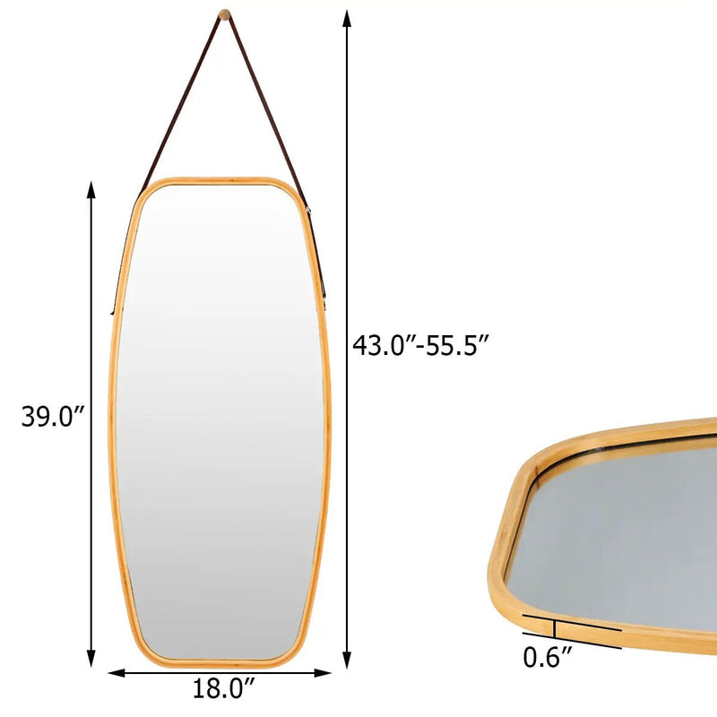 Modern Wall Mirror with Bamboo Frame and Adjustable Leather Strap by DirectDeals