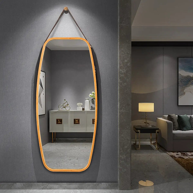 Modern Wall Mirror with Bamboo Frame and Adjustable Leather Strap by DirectDeals