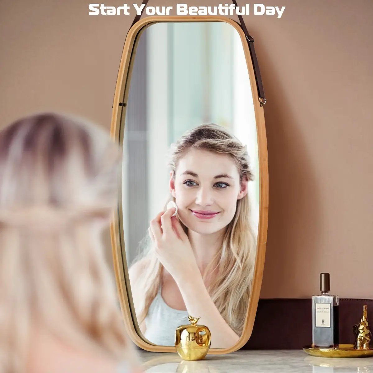 Modern Wall Mirror with Bamboo Frame and Adjustable Leather Strap by DirectDeals