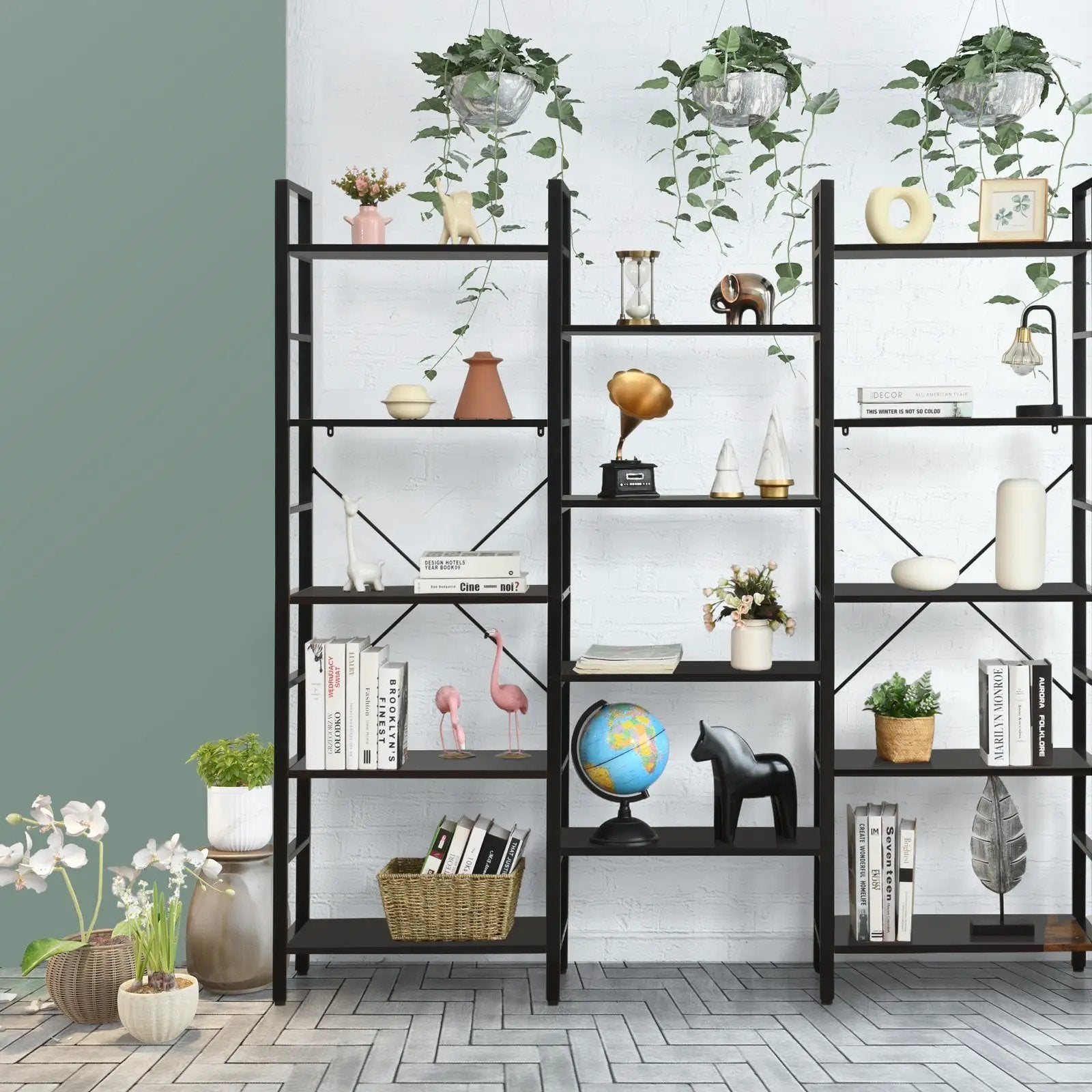 Vintage Triple Wide 5-Tier Bookcase Large Bookshelf Display Storage Shelf by DirectDeals