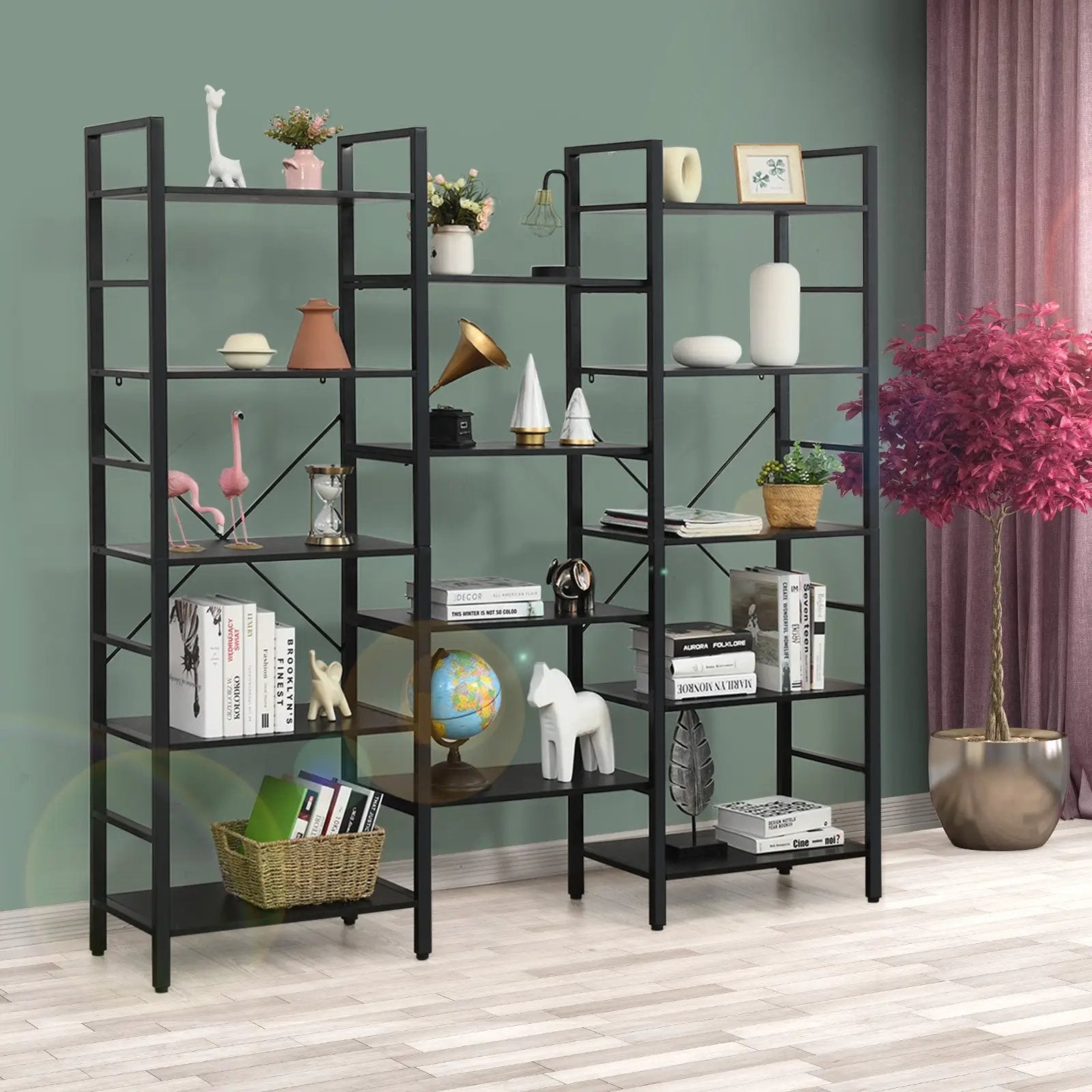 Vintage Triple Wide 5-Tier Bookcase Large Bookshelf Display Storage Shelf by DirectDeals