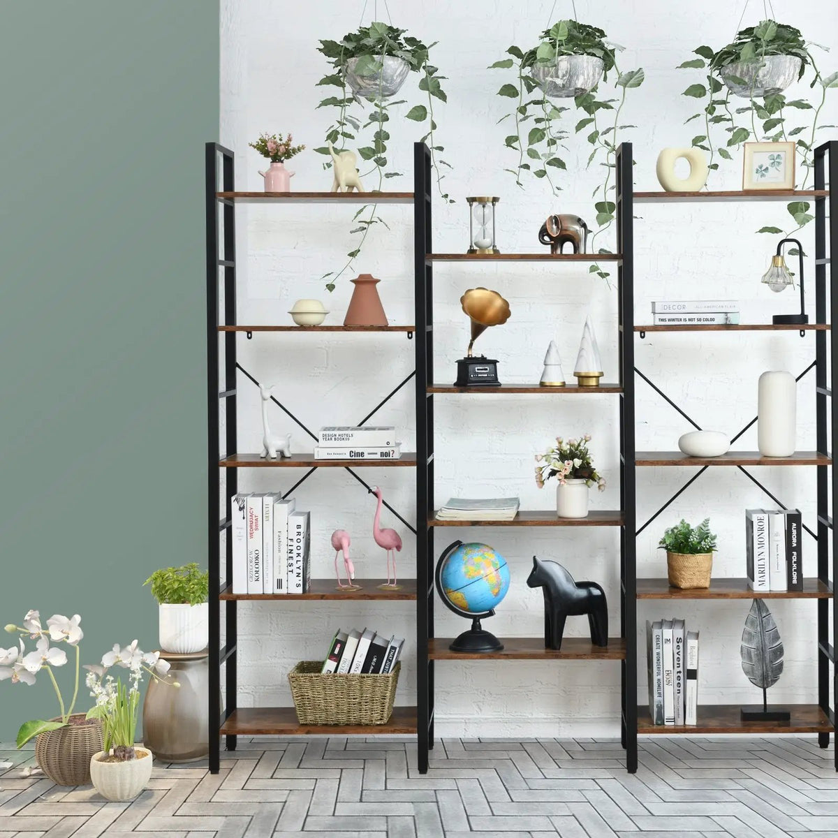 Vintage Triple Wide 5-Tier Bookcase Large Bookshelf Display Storage Shelf by DirectDeals