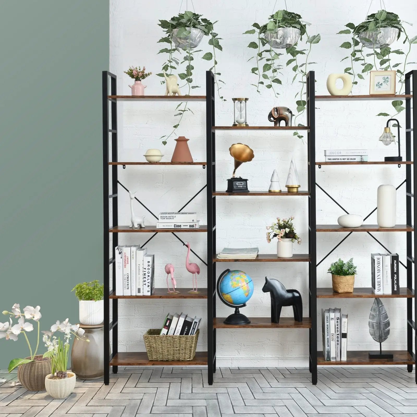 Vintage Triple Wide 5-Tier Bookcase Large Bookshelf Display Storage Shelf by DirectDeals