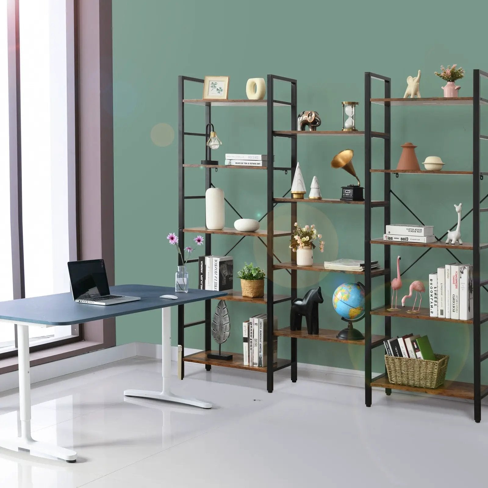 Vintage Triple Wide 5-Tier Bookcase Large Bookshelf Display Storage Shelf by DirectDeals