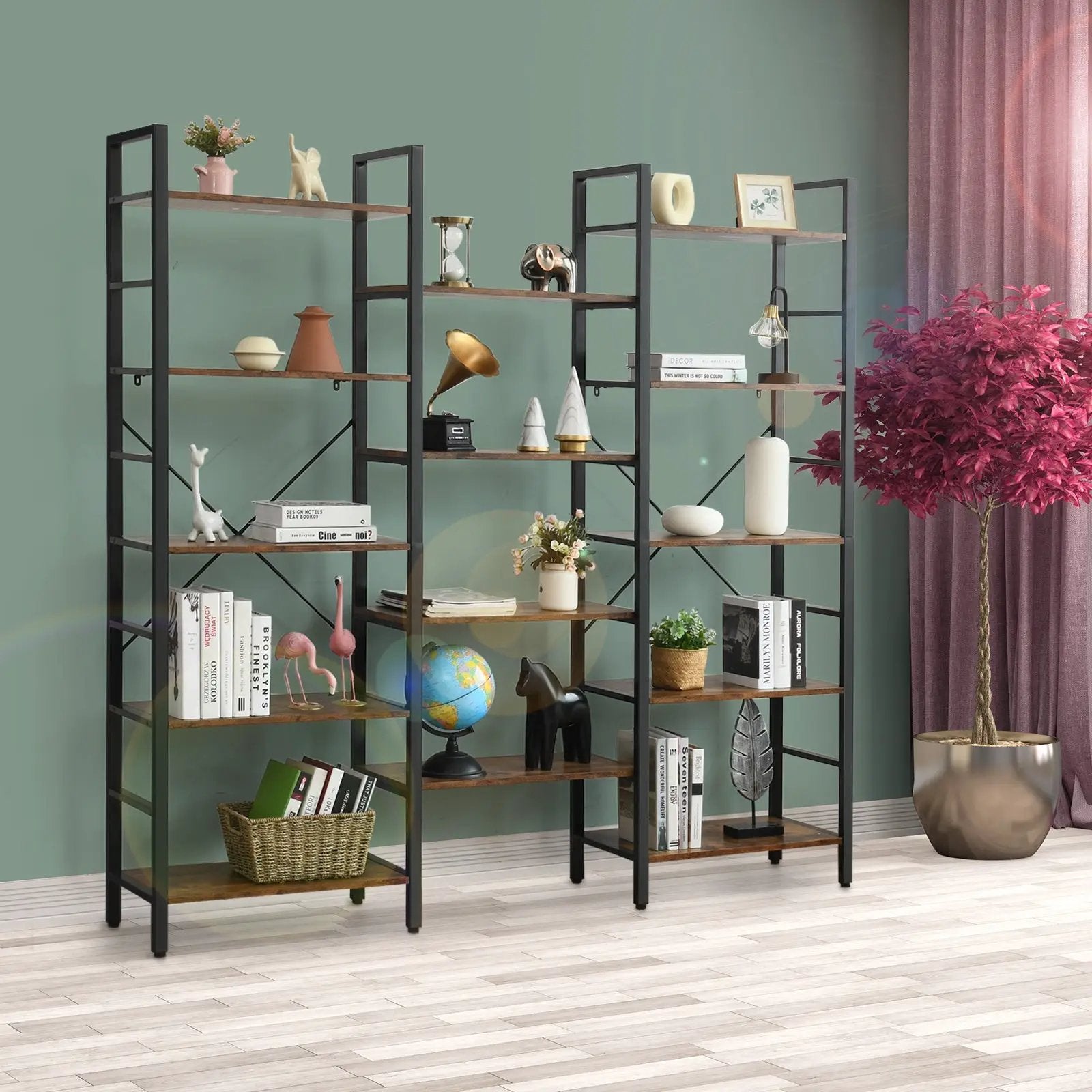 Vintage Triple Wide 5-Tier Bookcase Large Bookshelf Display Storage Shelf by DirectDeals