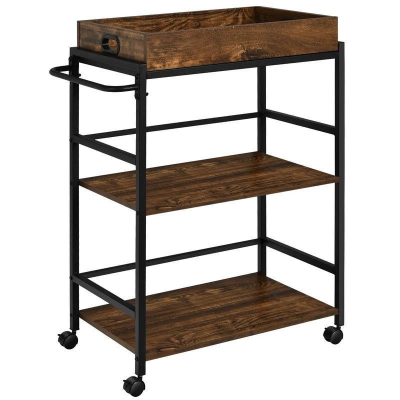 3-Tier Kitchen Serving Bar Cart with Lockable Casters and Handle Rack for Home Pub-Rustic Brown by DirectDeals