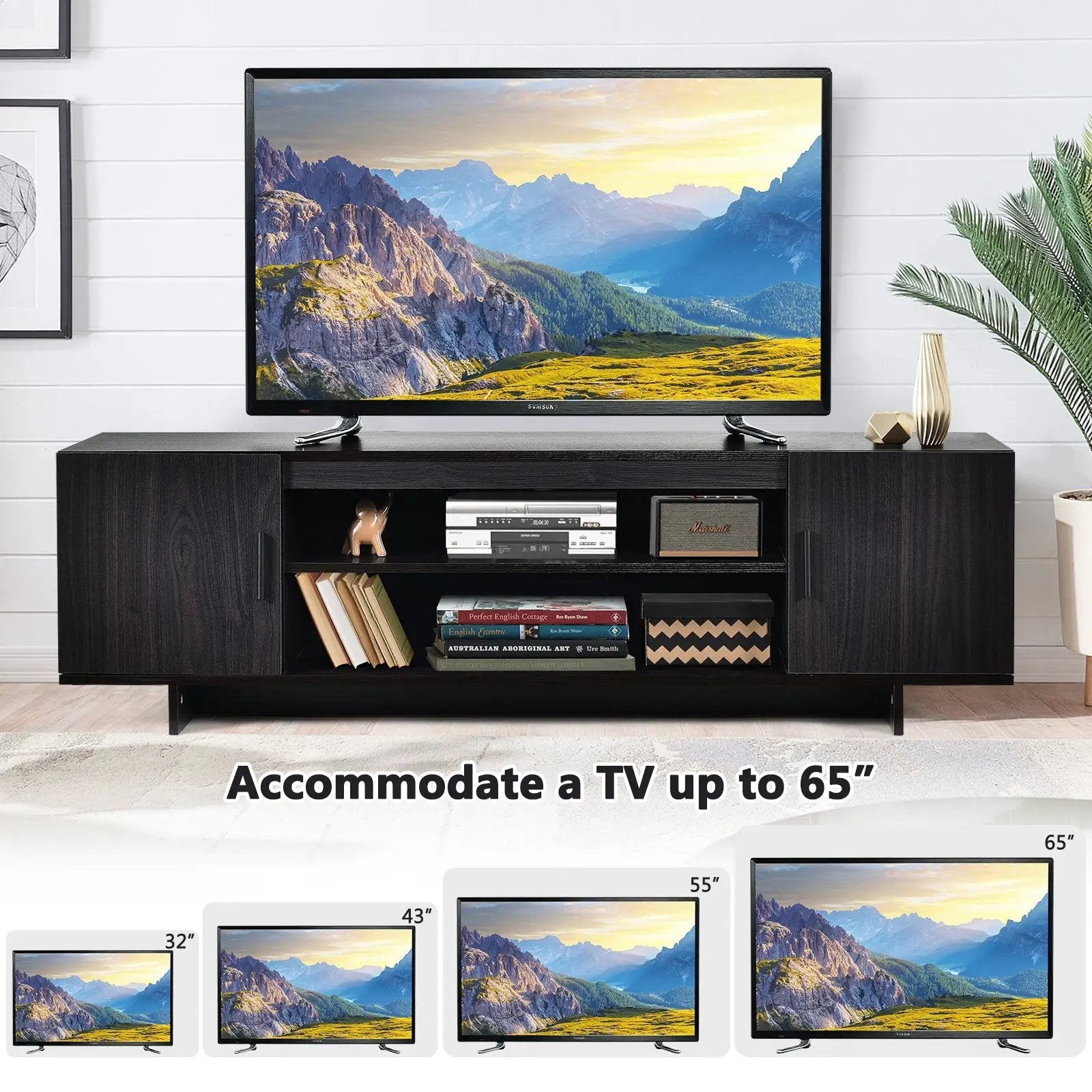Modern Wood Universal TV Stand for TV up to 65 Inch with 2 Storage Cabinets by DirectDeals